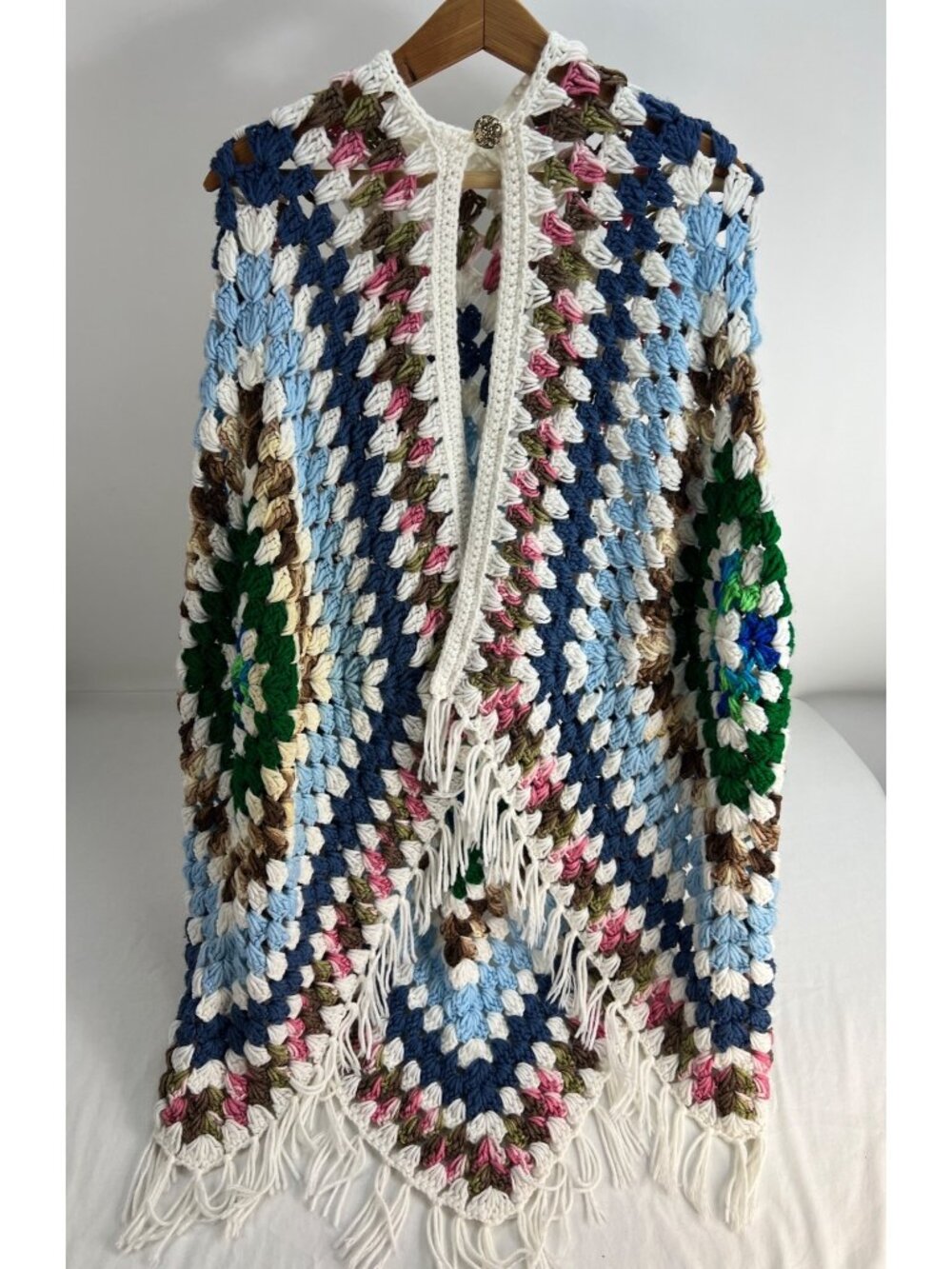 Crochet Granny Square Shawl with Fringe